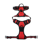 Red and black dog harness on a white background