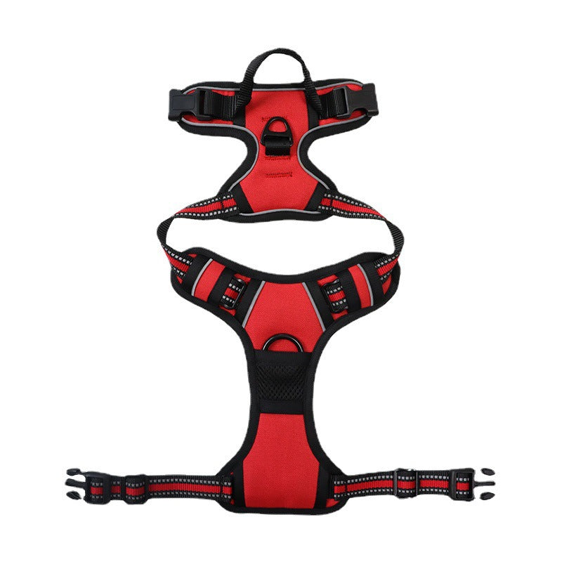 Red and black dog harness on a white background