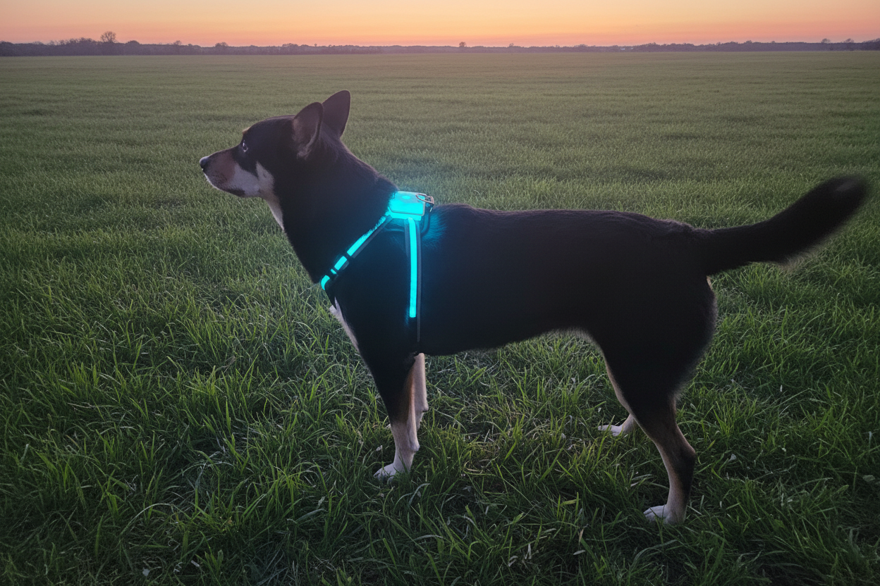 Dog with LED Harness – Field at Dusk