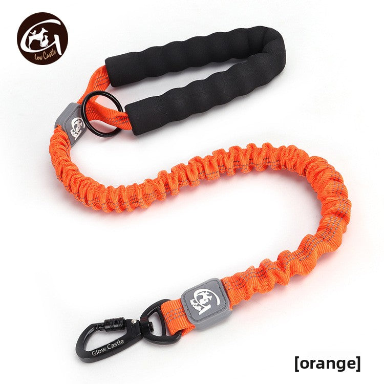 Orange dog leash with black handle and carabiner on a white background