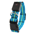 Blue and green striped dog collar with electronic device on a white background