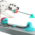 Dog pulling on ball attached to suction cup on a white background
