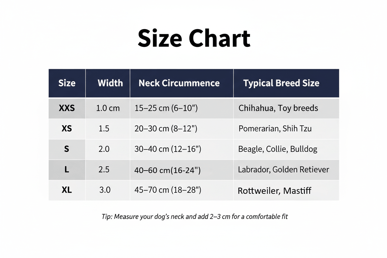 Dog collar size chart with measurements and breed suggestions on a white background