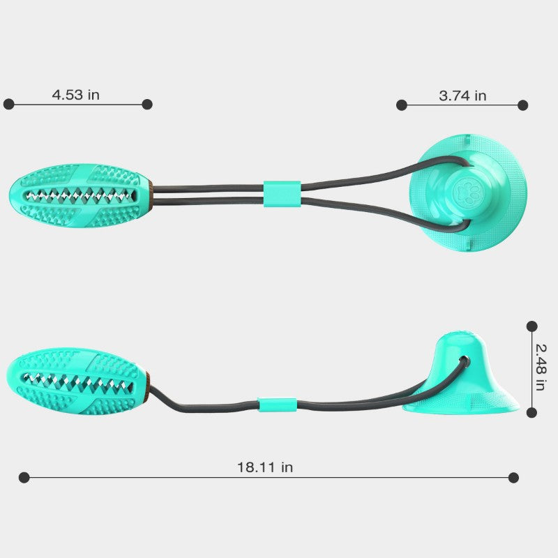 Teal and black suction toy with measurements on a white background