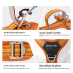 Dog harness with nickel plated hardware, dual mode handle, quick-release buckle, and microfiber leather features.