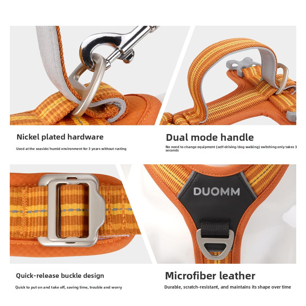 Dog harness with nickel plated hardware, dual mode handle, quick-release buckle, and microfiber leather features.