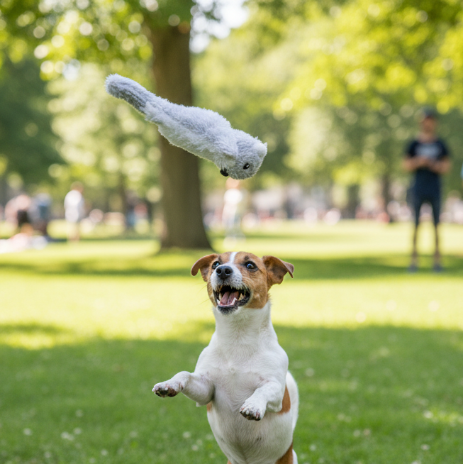 Flying squirrel plush toy with small dog chasing