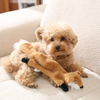 Dog playing with a plush toy on a couch