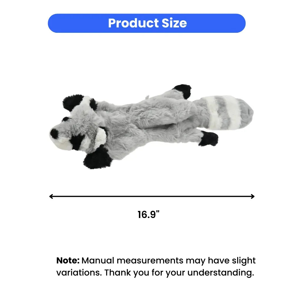 Plush raccoon toy with measurement label on a white background