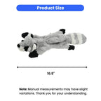 Plush raccoon toy with measurement label on a white background