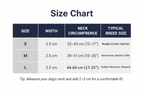 Dog collar size chart with measurements and breed suggestions on a white background