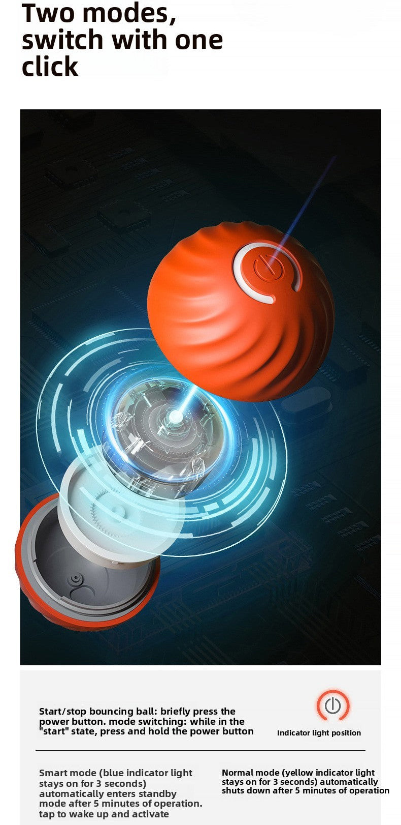 Ball-shaped device with two modes and a power button on a dark background