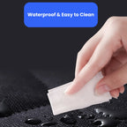Hand holding a white cloth over a black surface with water droplets, text 'Waterproof & Easy to Clean' above.