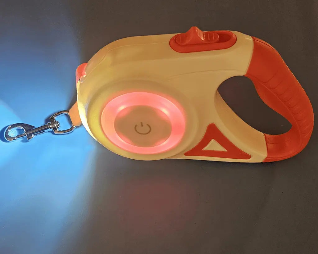 Dog leash with built-in flashlight on a dark background