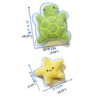 Green turtle and yellow starfish plush toys with measurements on a white background