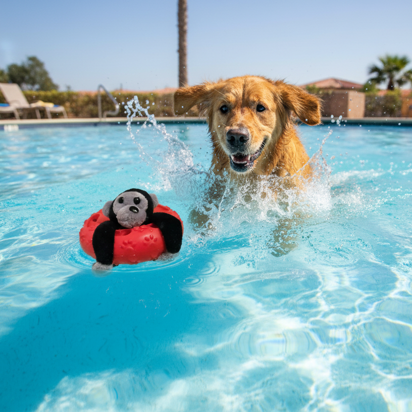 Monkey toy in pool with dog chasing it