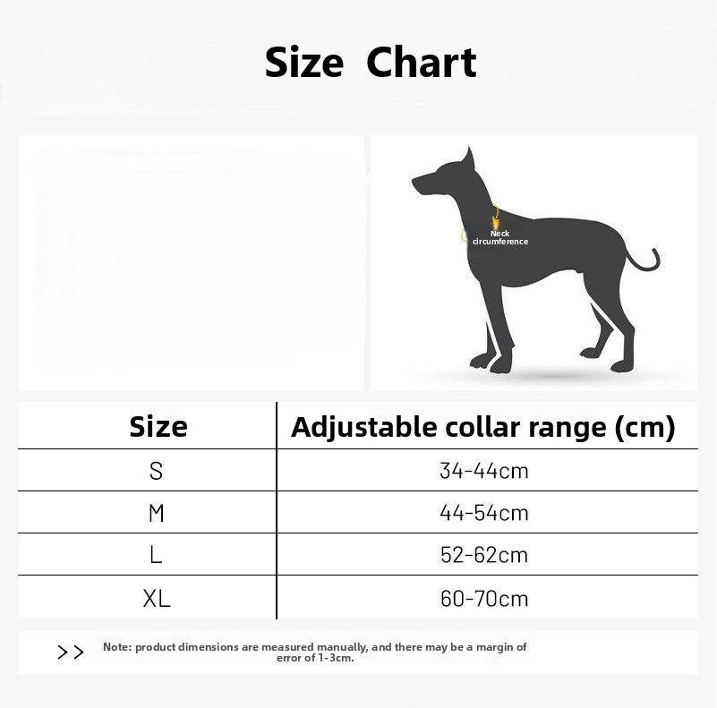 Size chart for a dog collar with adjustable collar range measurements.