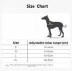 Size chart for a dog collar with adjustable collar range measurements.