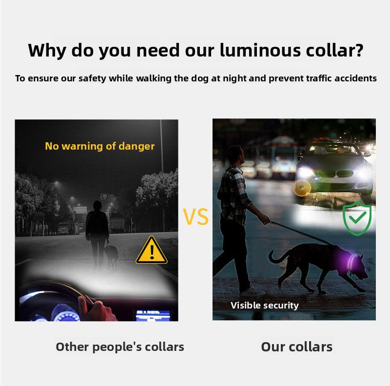 Comparison of a dog walking at night with and without a luminous collar, highlighting safety benefits.