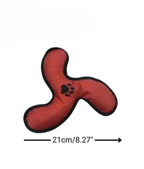 Red dog toy with black paw print and measurement label on a white background