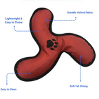 Red dog toy with black accents and paw print, labeled with features on a white background.
