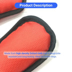Red and black dog chew toy close up with text about material and durability.