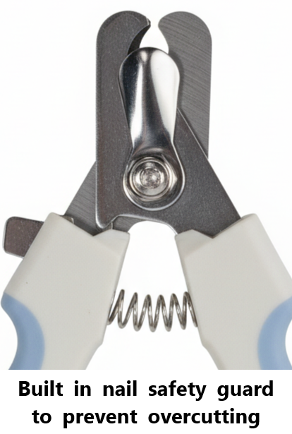 Pet nail clippers with a built-in nail safety guard on a white background