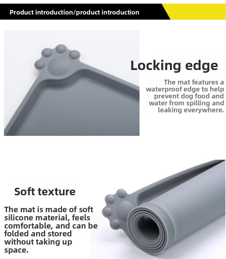 Gray silicone mat with a locking edge and soft texture, featuring text on its features.