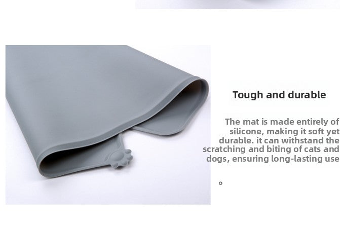 Gray silicone mat on a white background with text about its durability.
