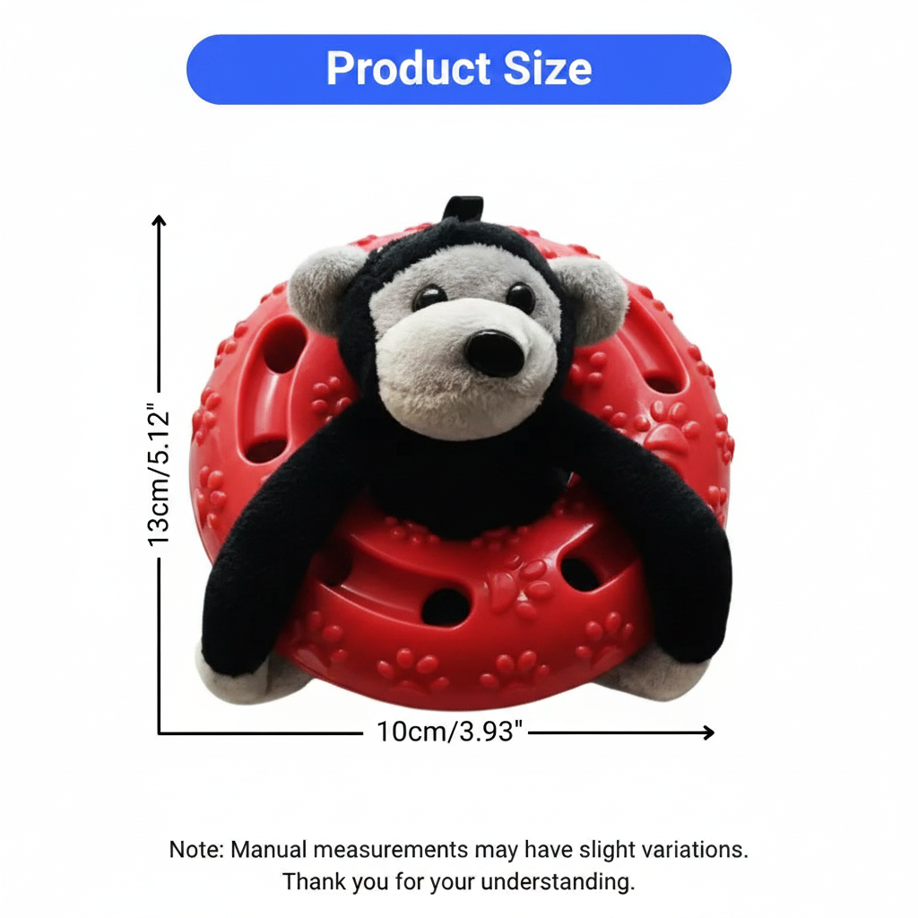 Product size infographic with red ring toy