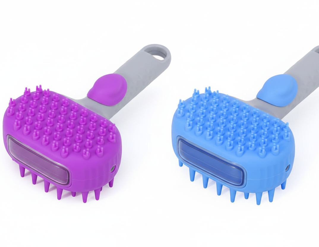 Purple and Blue Silicone Grooming Brushes Side by Side