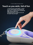Hand interacting with leash power button with text instructions on a dark background
