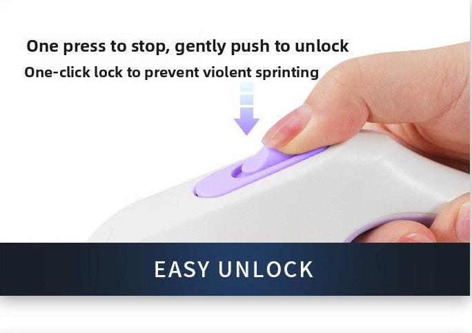 Hand using purple lock mechanism, labeled 'EASY UNLOCK'.