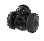 Black robot toy with wheels on a white background