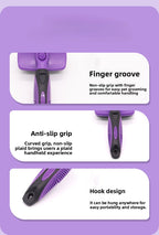 Purple pet grooming tool with text describing features on a purple background