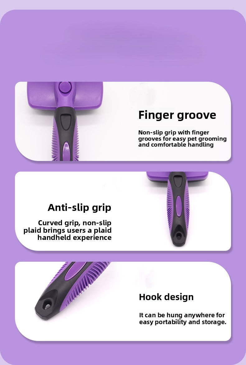 Purple pet grooming tool with text describing features on a purple background