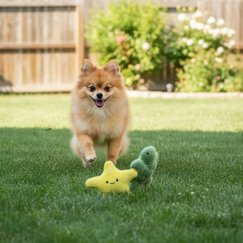 Small dog chasing ocean plush toys