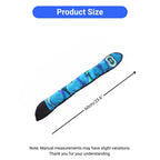 Blue and black snake dog toy with measurements on a white background