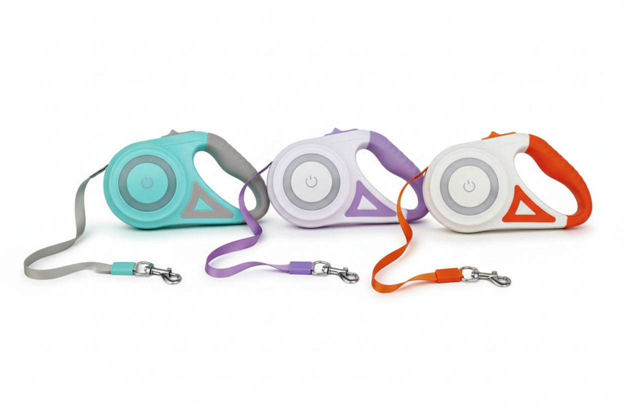 Teal Purple Orange Retractable LED Leashes Side by Side